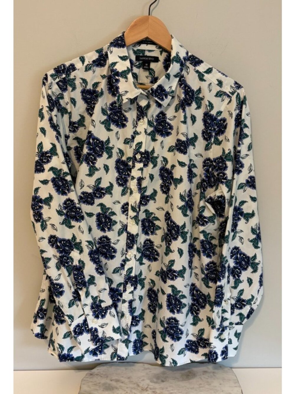 Lands’ End Women’s Size 18 No Iron Supima Cotton Floral Button Down Shirt Career